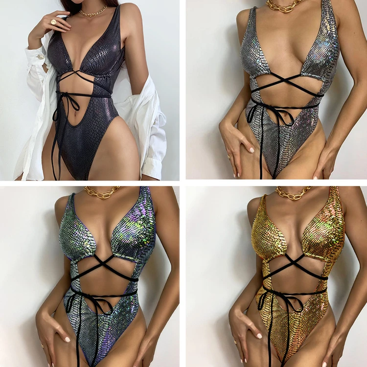 New arrival women sexy backless swimsuit cross bandage one piece hot girl snake leather vacation beachwear bikini