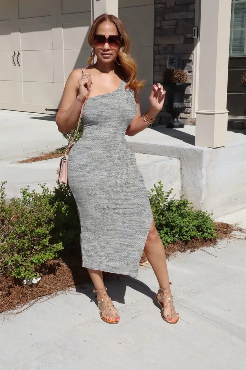 QuiteS Ins Style Solid Color Sexy One Shoulder Strap Split Dress Fashion Temperament Female Dress Long Dresses Women