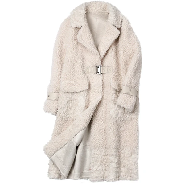 Winter Ladies Women Beige Long Elegant Plush Sheep Shearing Wool Fur Coat New Arrival