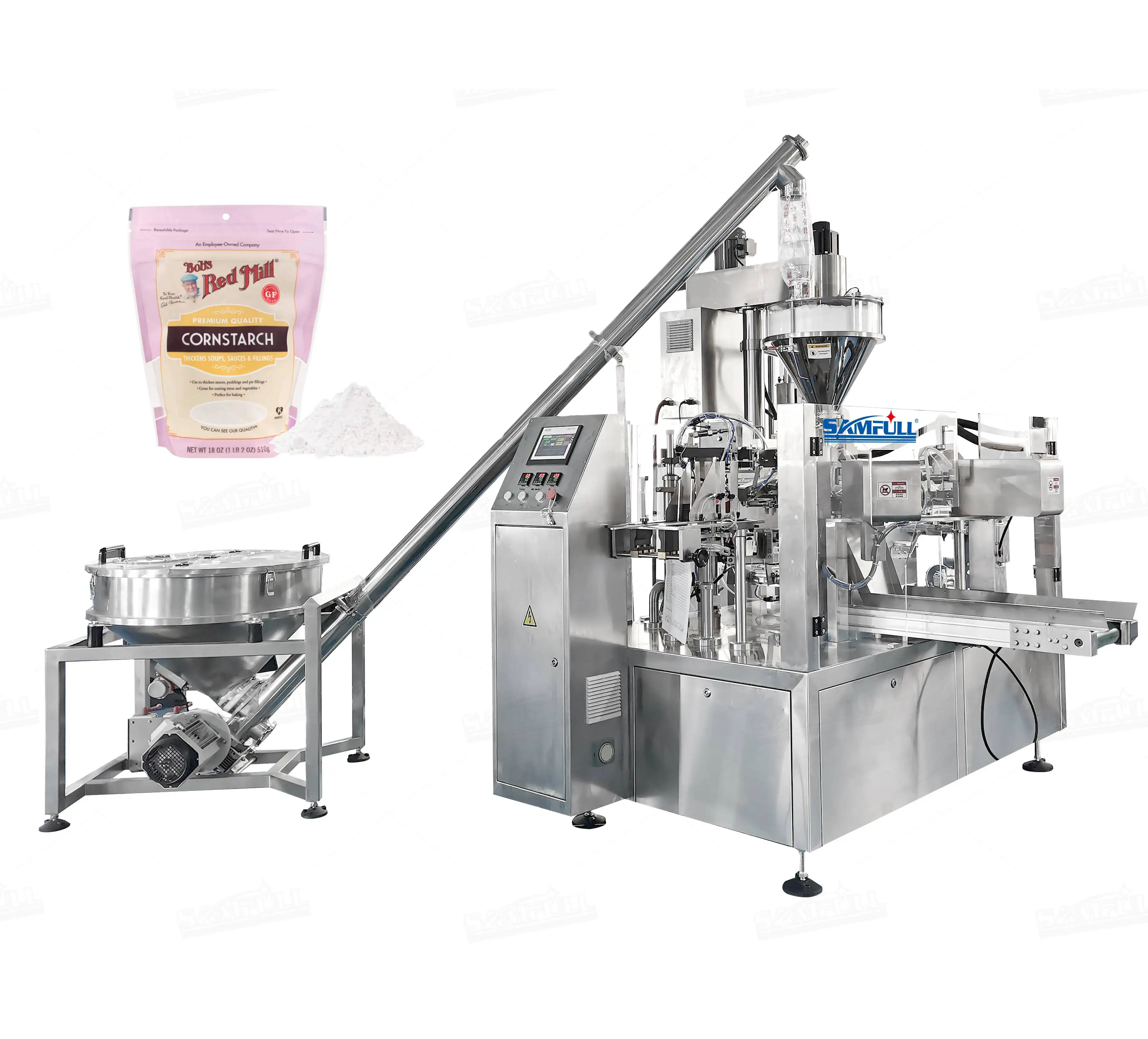 Automatic auger filler starch wheat corn flour powder giving bag rotary doypack zipper fill seal packing packaging machine