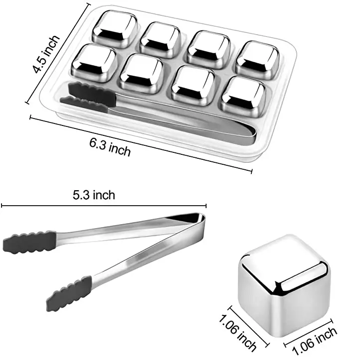 Reusable Ice Cube Whiskey Stones Stainless Steel Chilling Cubes for Drinks with Ice Tongs and Freezer Storage Tray for Whiskey