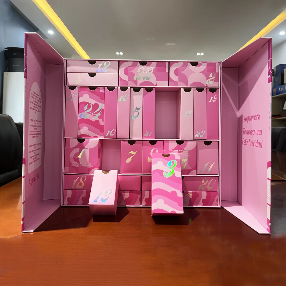 Empty Luxury Printed Logo Small Pink Cardboard Box Custom 24 Days Countdown Advent Calender Box