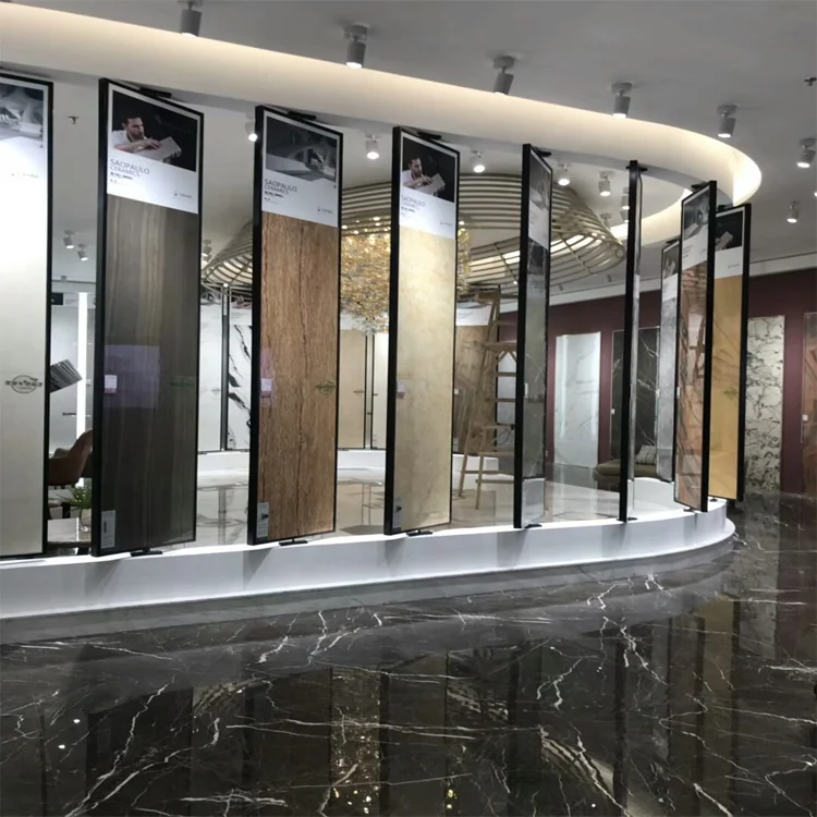 Latest rotating and sliding stone marble stainless display pedestal rack floor stone vertical display rack stand of ceramic tile