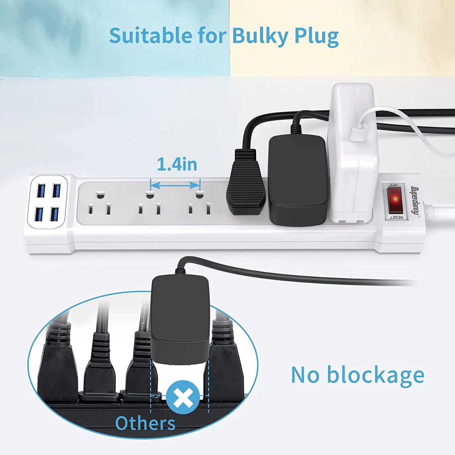 USA Type Hook with Loop Fastener Relay Controlled Heavy Duty 5ft Extension Power Strip