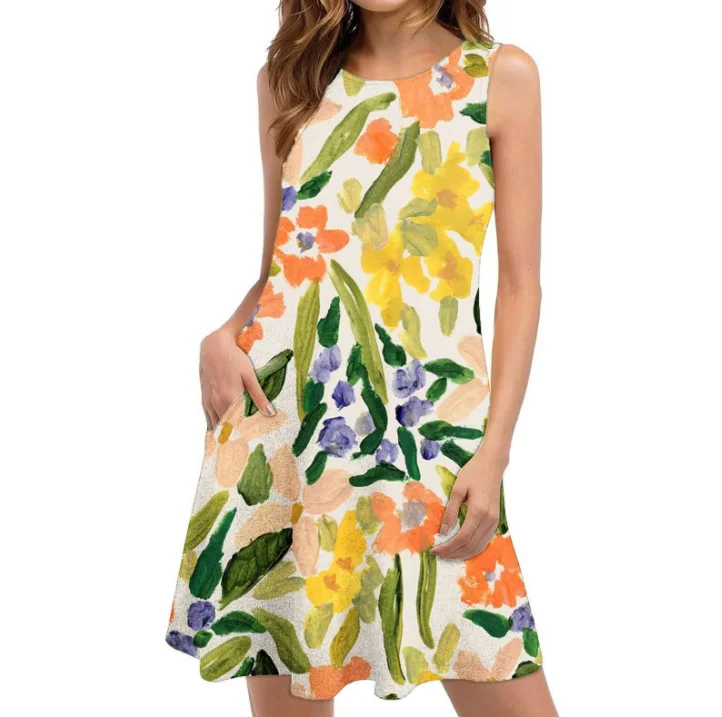 Women Casual Sundress Print Sleeveless Beach Dresses Boho Summer Flower Beach Dress With Pockets