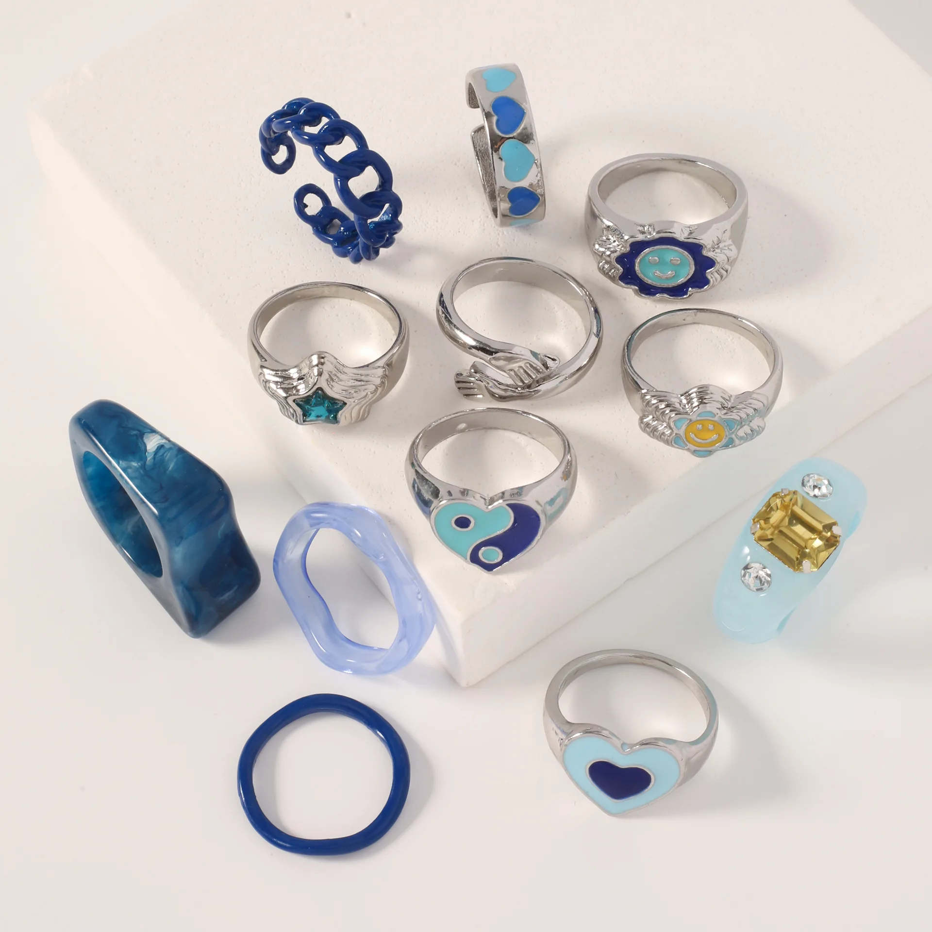 Klein Blue Resin Ring Niche Geometric Colorful Enamel Diamond Rings Love Smiley Alloy Ring Set
