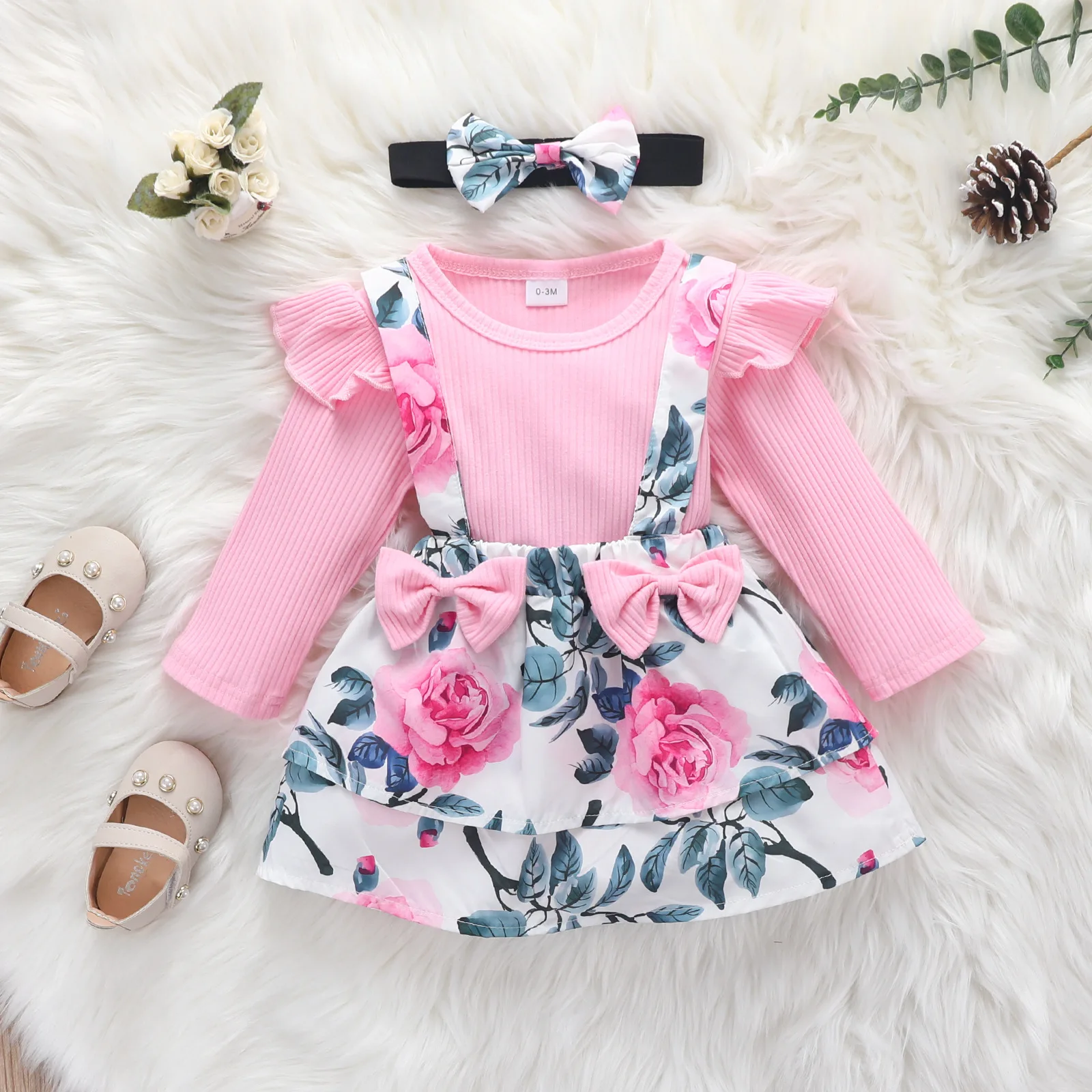 Girls summer bow suspender skirt European and American plants flower boutique clothes dress