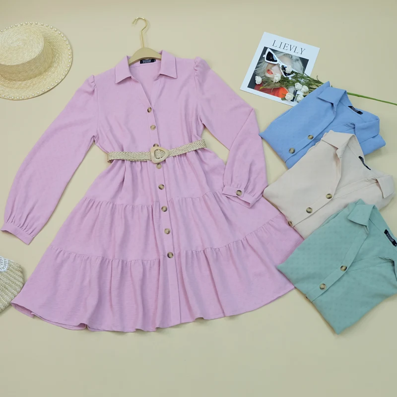 New summer lapel waistband button long sleeve solid color pleated waistband casual blouses blouse dresses