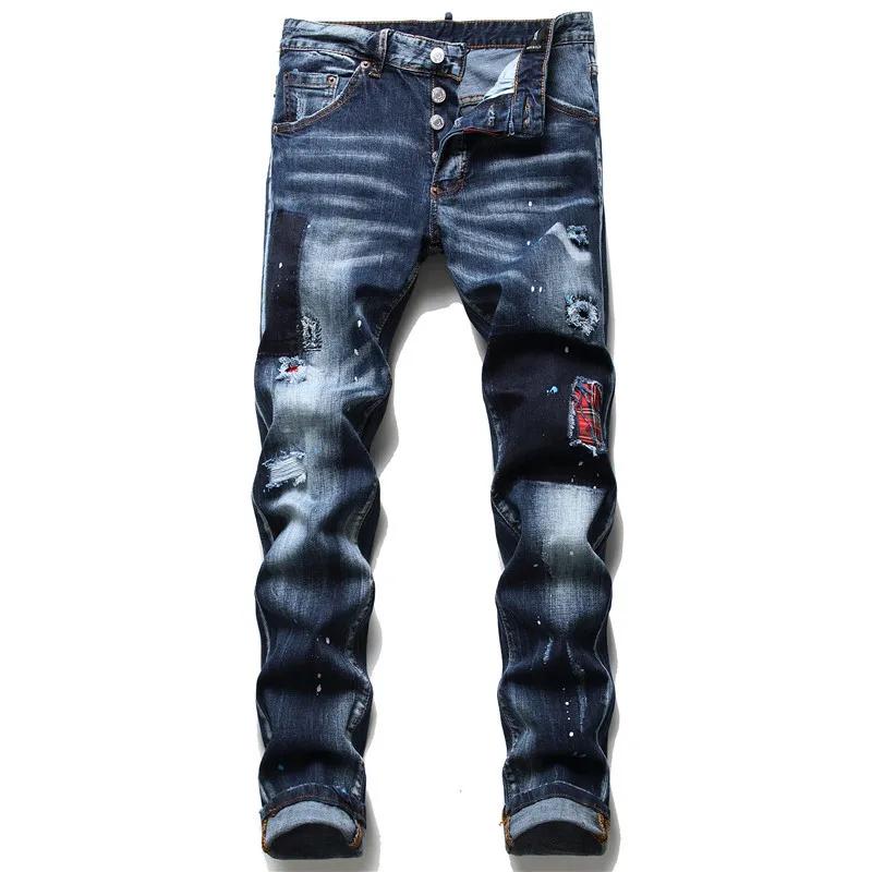 Dark Blue New Red Leather Brand DQS2 Paint throwing and color matching hip hop cotton elastic pants