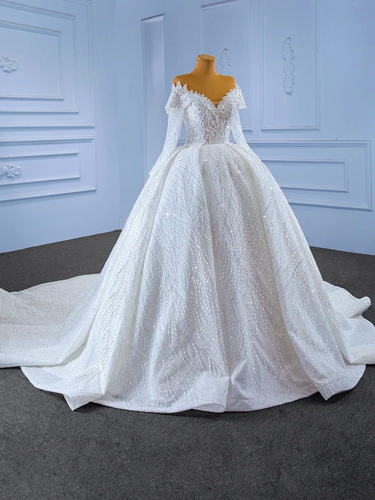 QUEENSGOWN  long tail sweetheart ball gown bride weddingdress off shoulder long sleeve ivory empire slim party dress