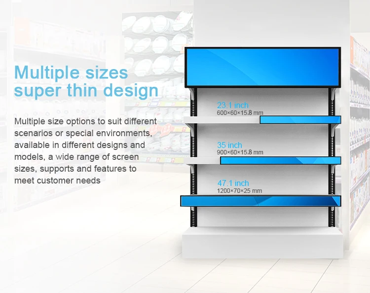 Hot Sales 23.1 Inch Stretched Bar Lcd Display Shelf Advertising Playing Equipment Digital Screen