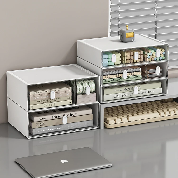 Clear Plastic Office Supplies 3 Tier Desk Organizer Stackable Desktop Storage Box with Drawer
