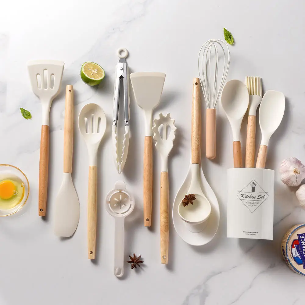 12 14 Sets Wooden Handle Silicone Kitchen Utensils Non-stick Pan Spoon Storage Tongs Spatula Spoon Kitchen for Nonstick Cookware