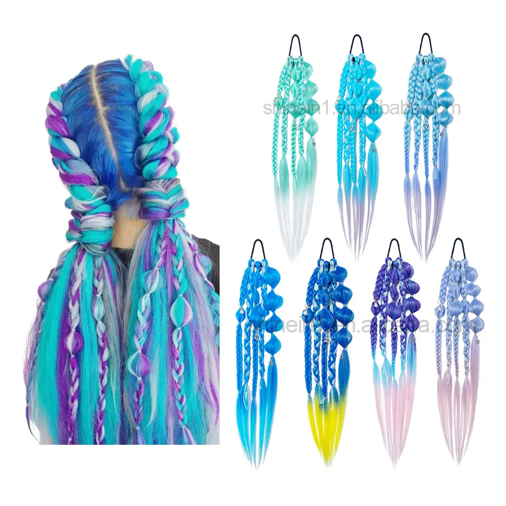 Shinein 24inch Blue Ombre Colored Pre Stretch Braiding Hair Yaki Handmade Crochet Braided Pony Tail Hair Extensions