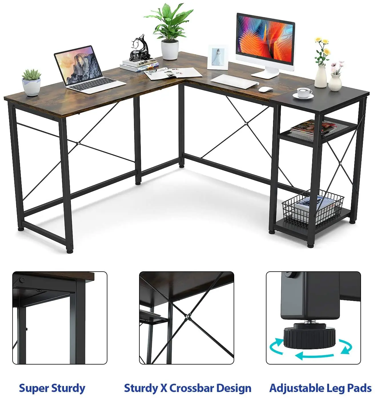 Rustic Brown/Black L-Shaped Large Gaming Desk 2 Person Table for home office Computer desk Writing Gaming Gamer Command Center