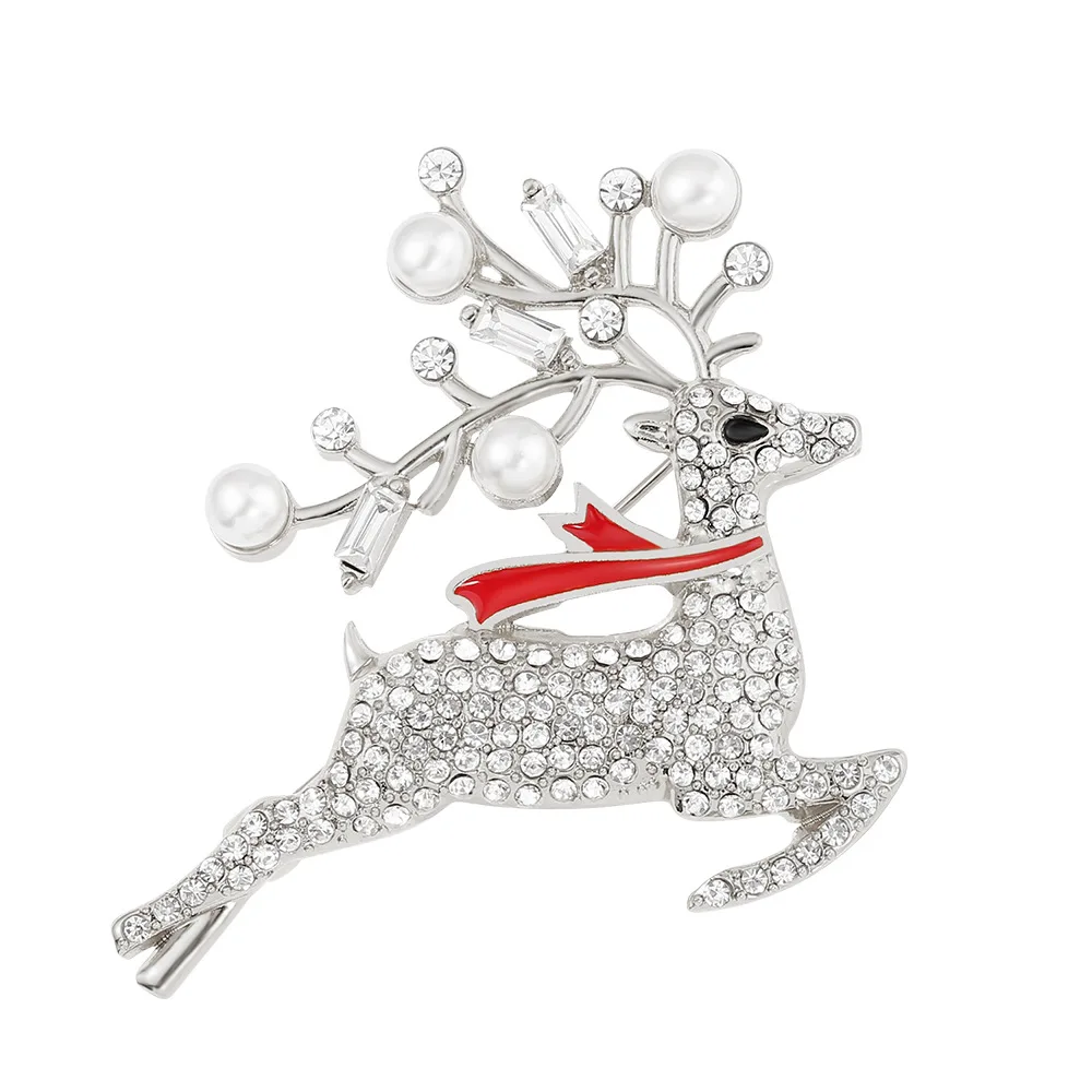 Wholesale Custom Gold Silver Plated Alloy Christmas White Pearl Rhinestones Sika Deer Shape Brooch Pins