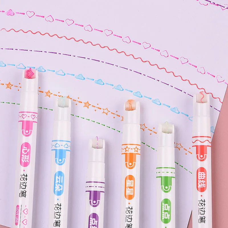 New Arrival 8pcs Multi Colorful Highlighter Curve Shapes Roller Tip Curve Liner Marker Dual Tip Marker Pen