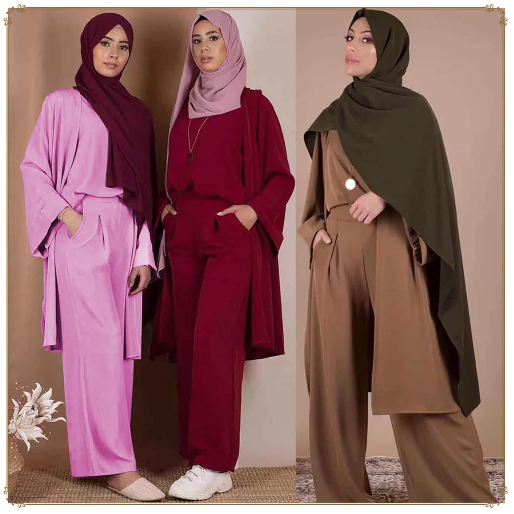 Wholesale Solid Color Three-piece Suit Muslim Clothing Islamic Womens Suit Casual Arab Clothes Suits