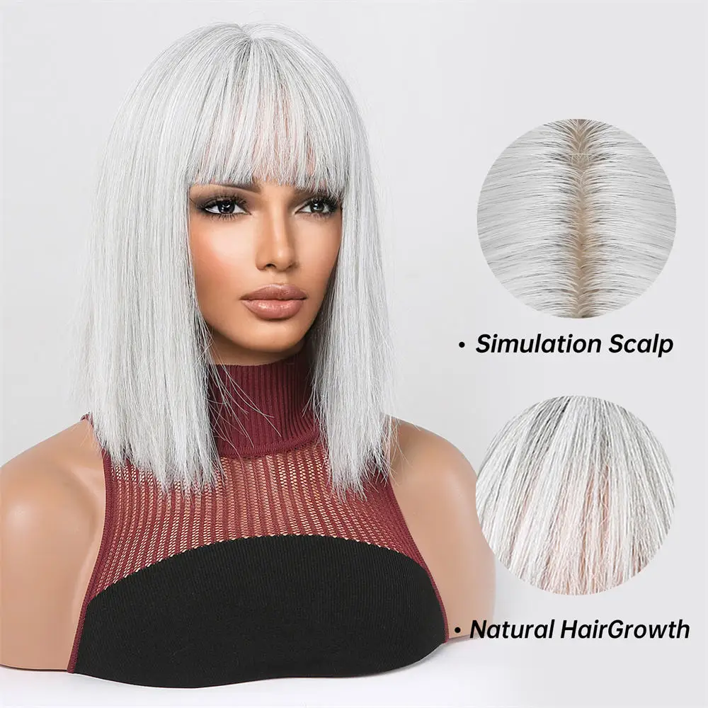 Wholesale White Silver Short Straight Synthetic Wigs with Bangs Platinum Blonde Bob synthetic hair braiding wigs for african