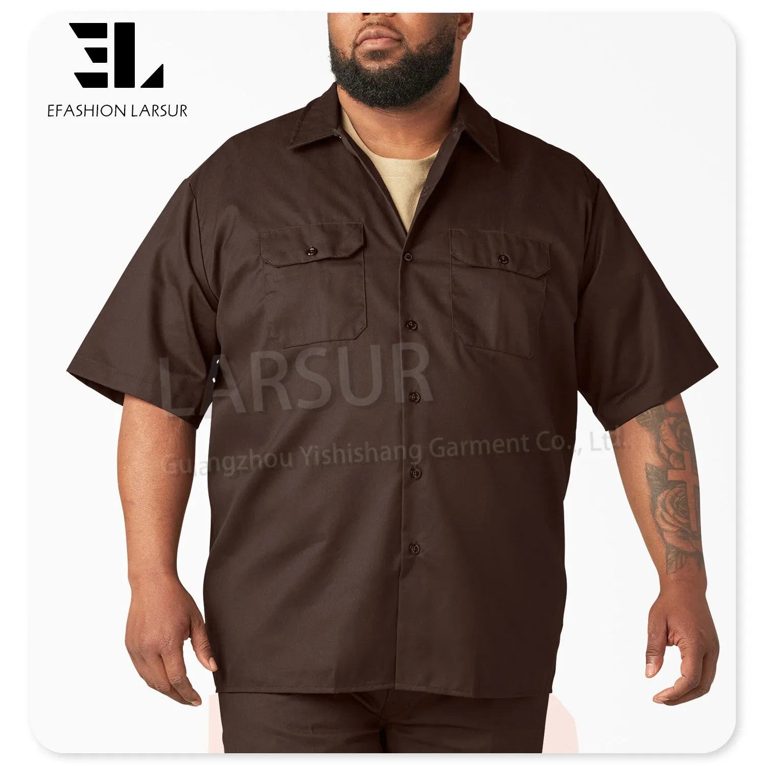 LARSUR Custom clothing manufacturer wrinkle resistant cotton twill short sleeves work shirts button up mechanic cargo work shirt