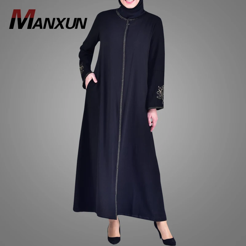Повседневный кардиган на молнии с индийским дизайном, черная вышивка, макси-кафтан, мусульманское платье, открытая абайя, халат Jilbab