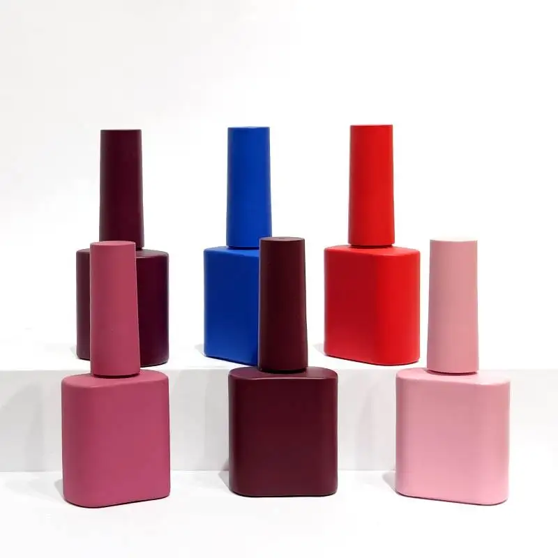 Customized 12ml Flat Nail Gel Polish Glass Bottle Packaging with Brush Pink Red Grey Blue Colorful