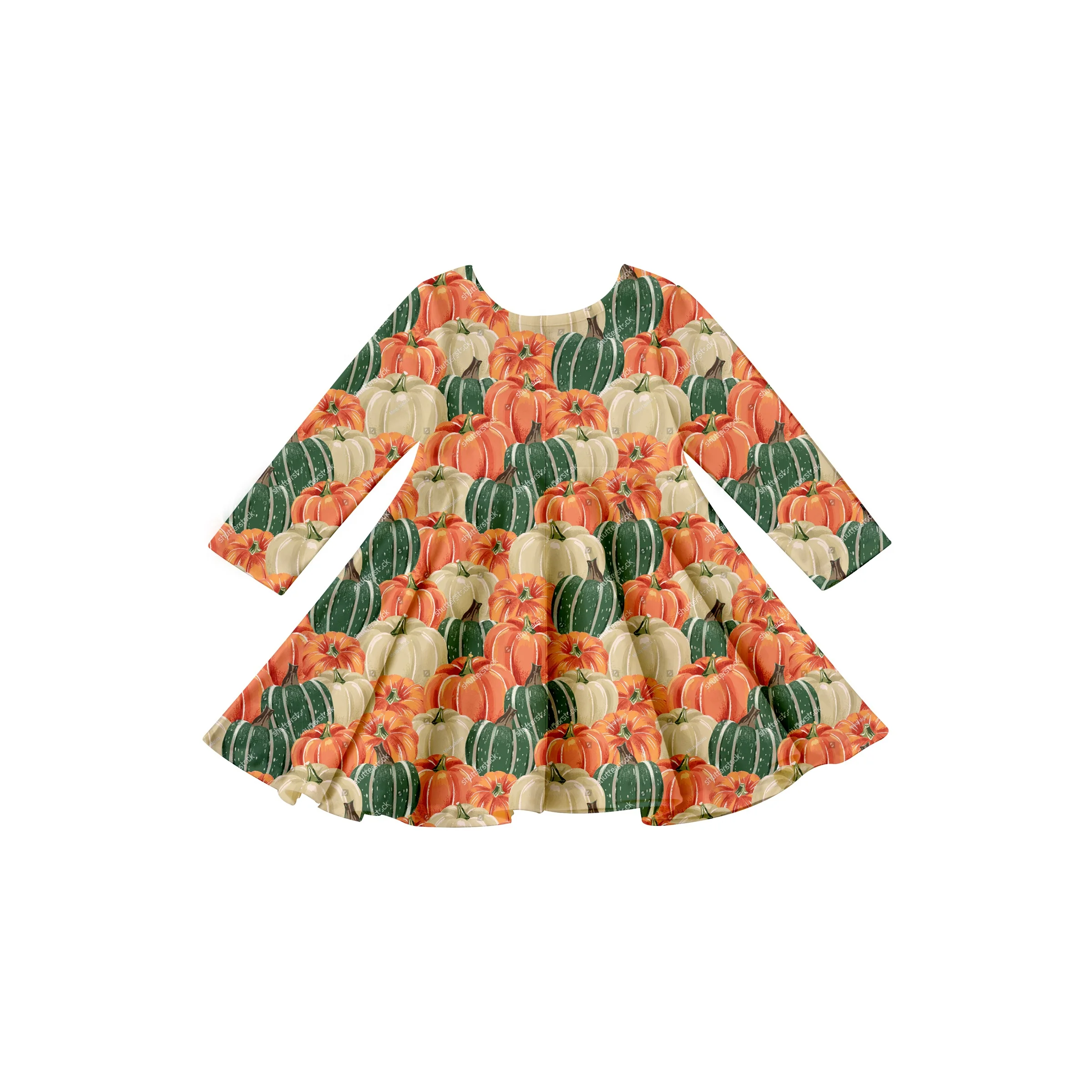 Girlymax 2022 Thanksgiving Turkey Pumpkin pattern orange Long Sleeve A-LIne Twirl Knee Length Baby Girls Dresses Kids Clothing