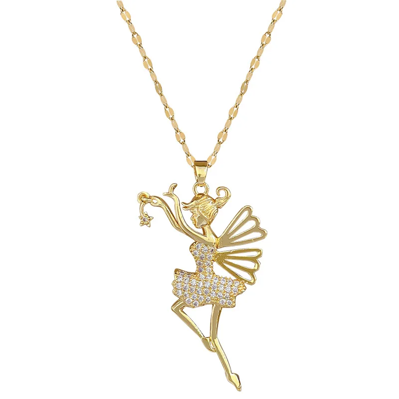 Fashion Titanium Steel 18K Gold Plated Ballet Dancer Girl Necklace Shinny Diamond Zircon Dancing Girl Lady Necklace Jewelry