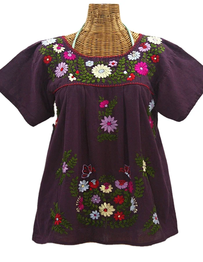 Maroon fabric with colorful sunflower embroidery blouse women