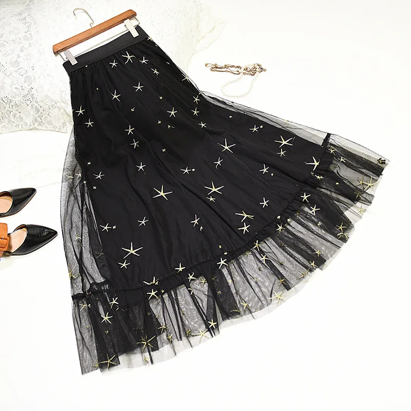 Summer high quality  korean embroidery fashion black long skirt