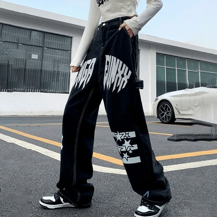 Custom Logo Print High Waist Jeans Vintage Streetwear Hip Hop Black Baggy Jeans Women Fashion Straight Wide Leg Jeans