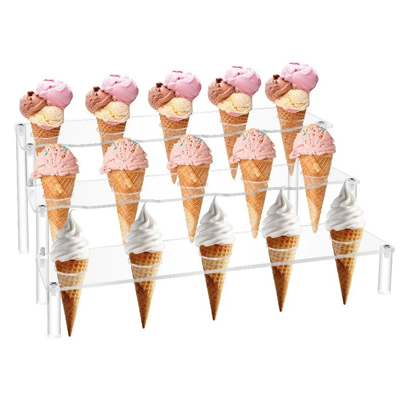 Custom 15 Holes 3-Tier Clear Acrylic Cupcake Ice Cream Holder Acrylic Handmade Waffle Cone Display Stand for Party Buffet