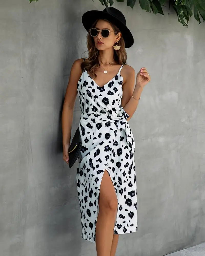 
Mid-Calf Dresses Length Front Split Lace-up Strap Flower Print Women Latest Dress Design 2020 Summer Dress 100% Cotton 