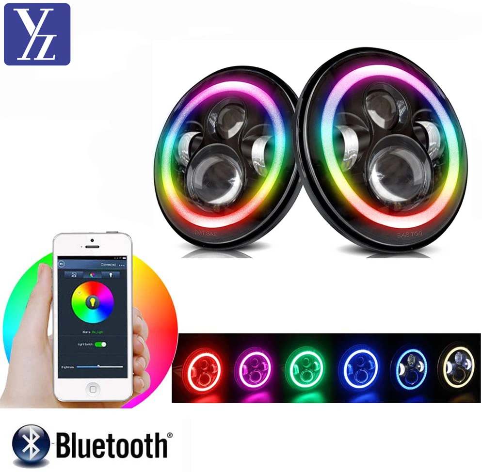 7 inch projector headlight led rgb halo rings App control round 50W hi-lo beam H4 H13 DRL turn signal lamp IP68 E9 DOT approved