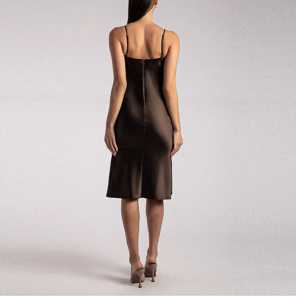 2023 Clothing Manufacturers Custom Lady Luxury High Quality Elegant Ruched Halter Midi Satine Milk Silk Evening Dress For Women