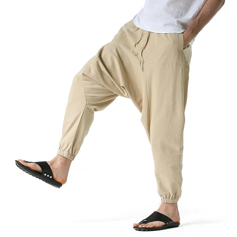 New Pants Men Loose Crotch Pants European Size Solid Color Harem Pants Men