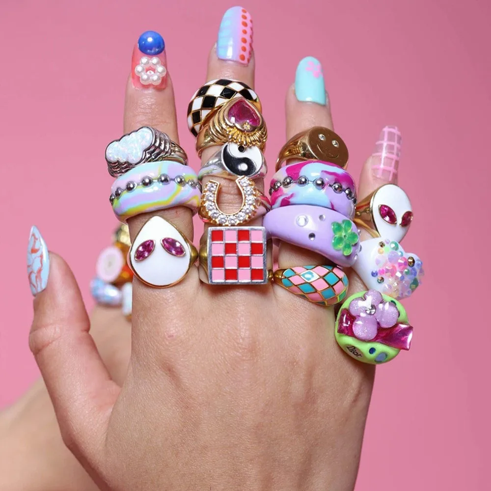 2021 New Drop Oil Cube Colorful Checkered Geometry Gold Silver Color Metal Enamel Rings for Women Girls Jewelry Gifts Size 6 7 8