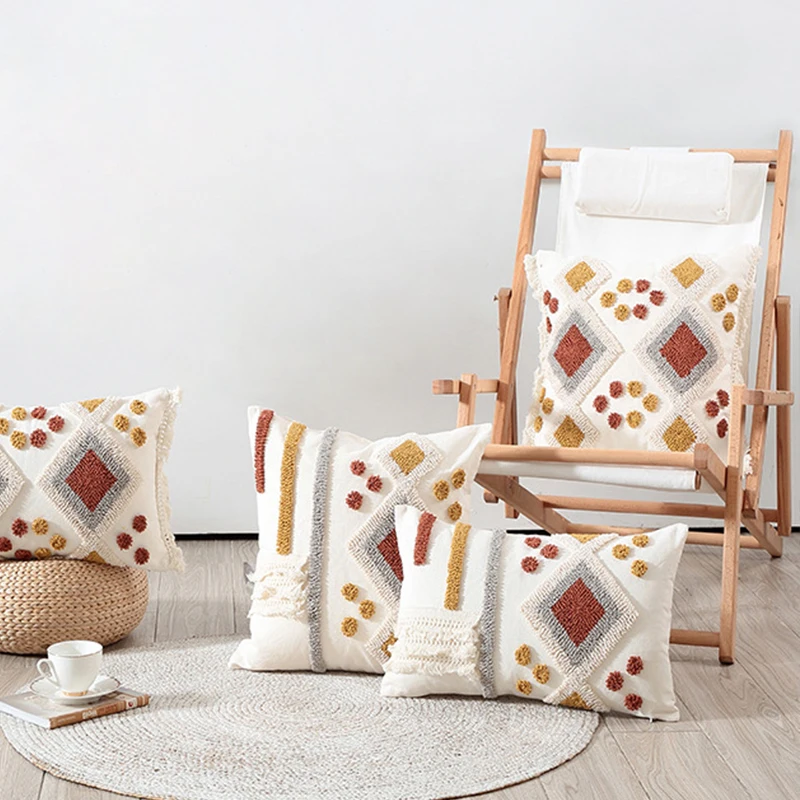 Cotton Pillow Cases Tufted Embroidery Embroidered Cushion Cover Boho Pillow Cushion Covers Coussin Decorative Home For Sofa