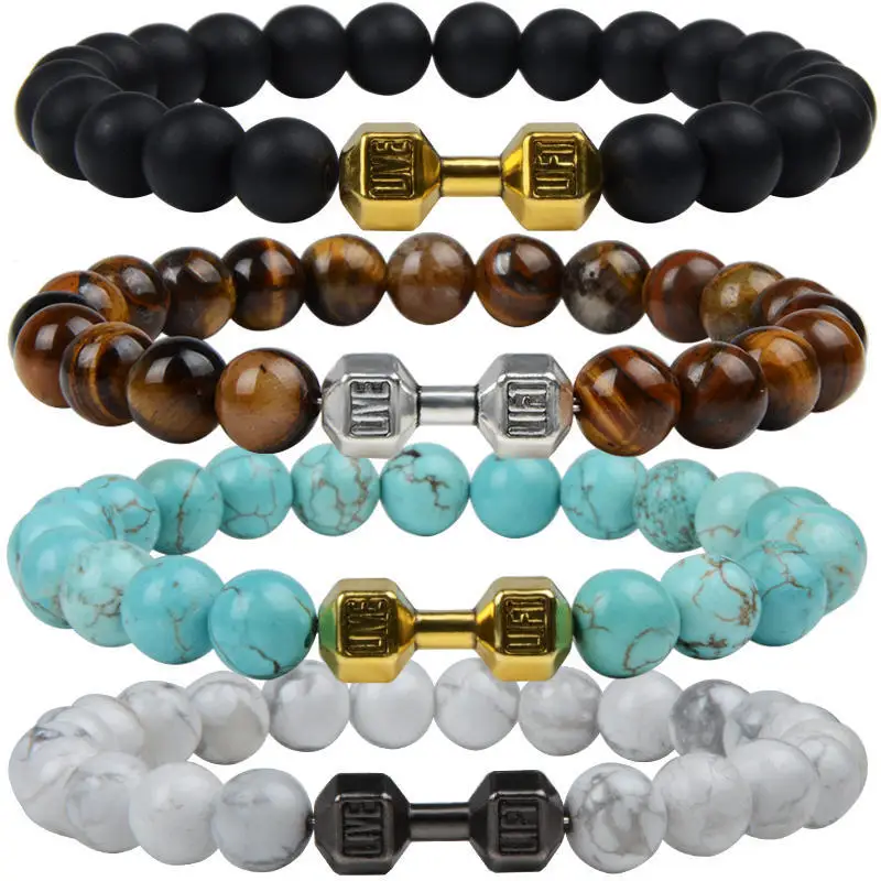 Wholesale 8mm Lava Turquoise Tiger Eye Gem Natural Stone Dumbbell Beaded Bracelet Jewelry For Women Men