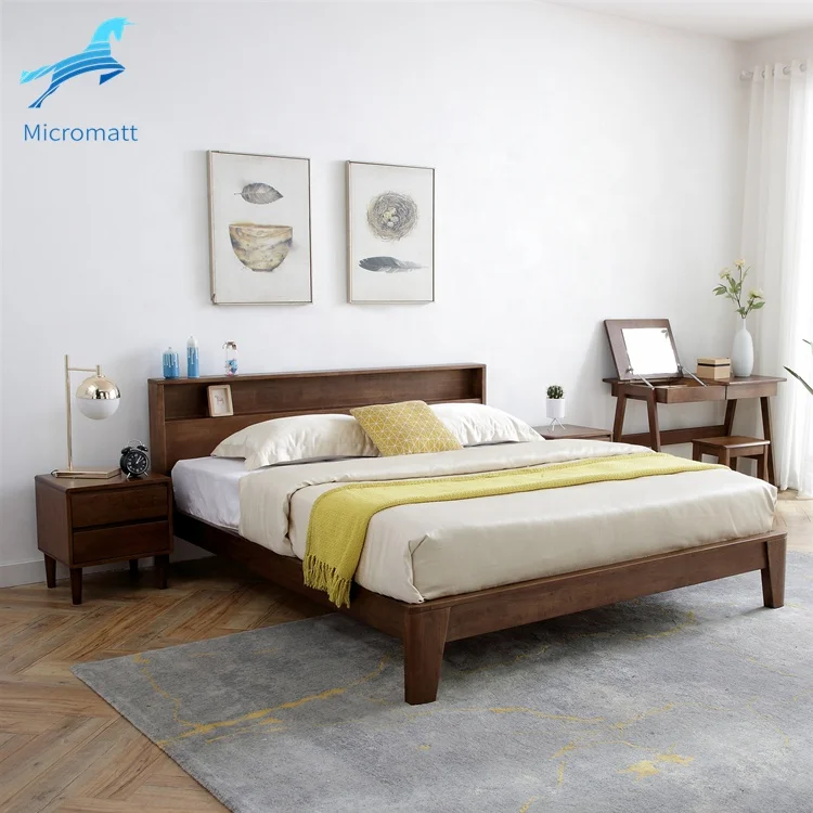 Factory Direct Selling American Style Bed Room Furniture Storage Walnut Color Apartment Queen Solid Wood Bed Frame