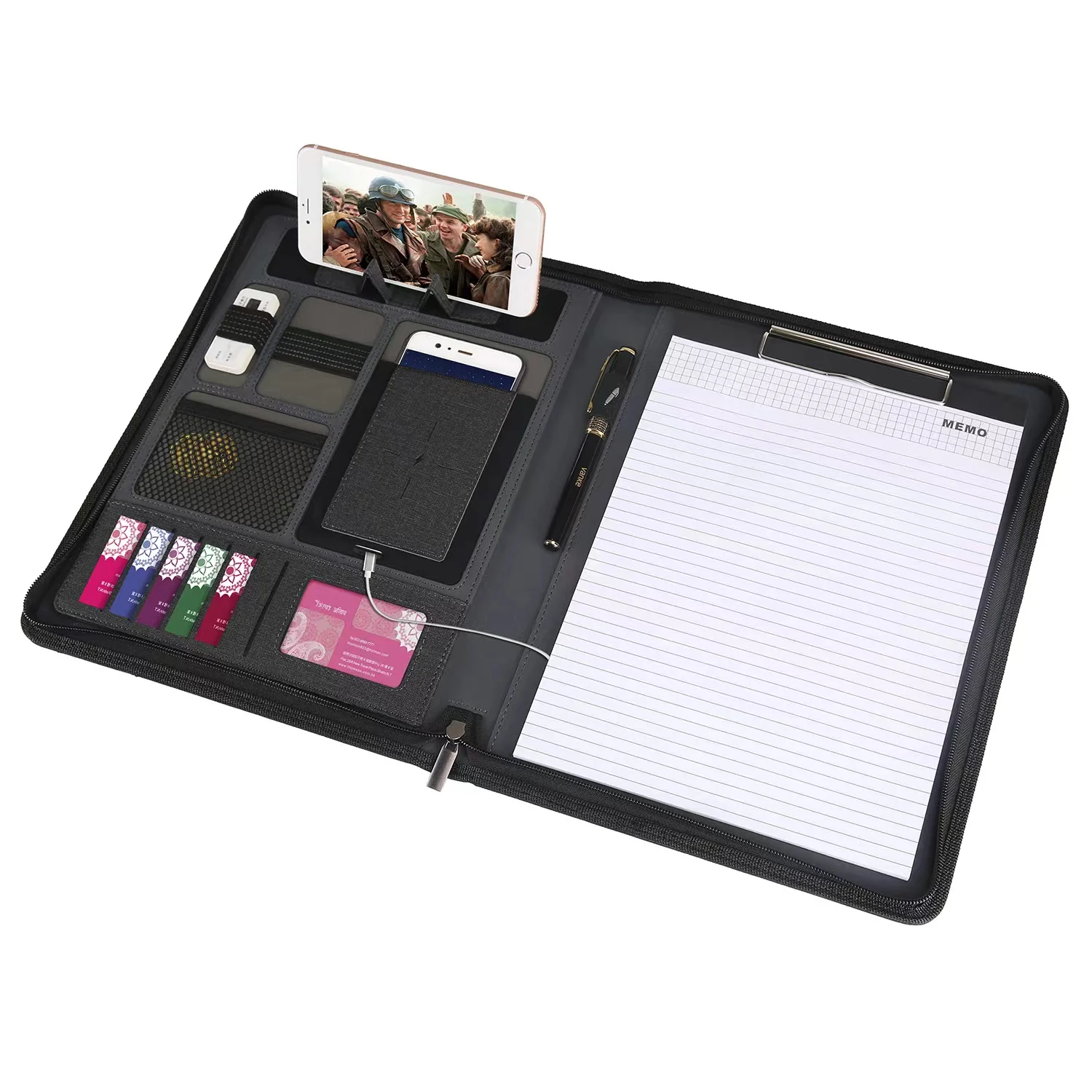 Customizable A4  Multi-Function 16G 8000mAh Powerbank Briefcase Agenda Notepad Wireless Charger Power Bank Organizer Portfolio