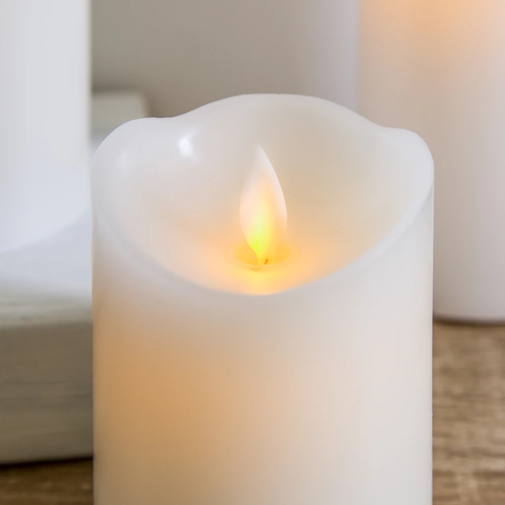 Home decoration moving flame cheap pillar waved white remote timer flameless led wax candles