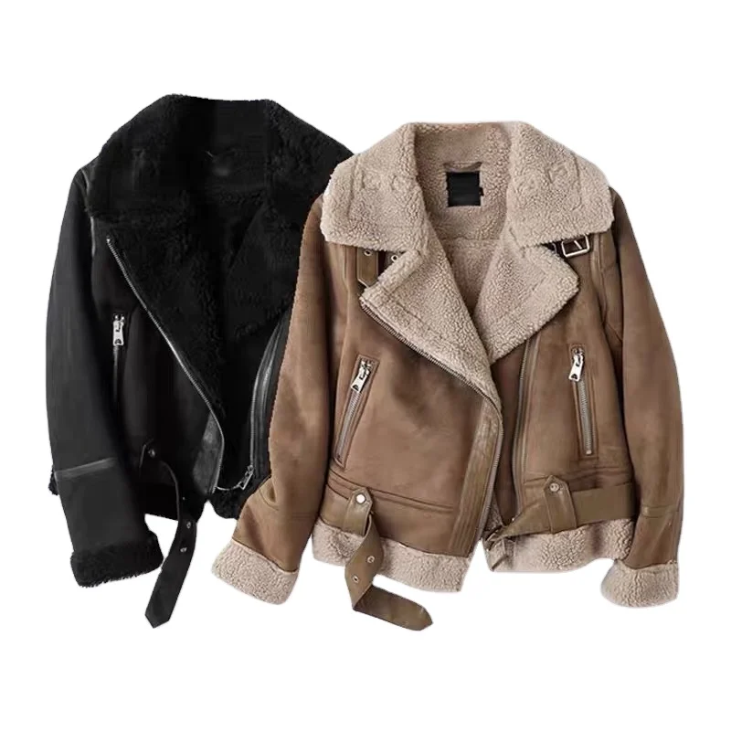 Custom Ladies outer garment Suede Fleece Fur lined Jacket belt Winter Luxury Thick 100% wool sheep lamb coat