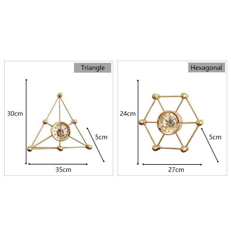 Custom Hand Made Cute Classic Triangle Shape Frame Mini Metal Clock For Home