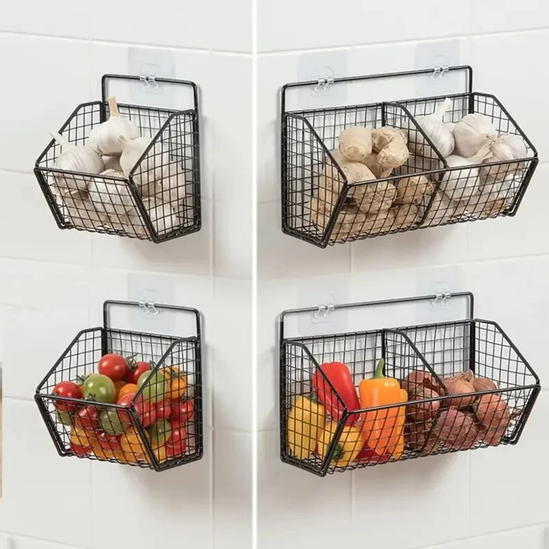 Onion Ginger Garlic Vegetable Fruit Kitchen Waterproof Shelf Condiments Spice Punch-Free Drain Basket Wall Mounted Storage Rack