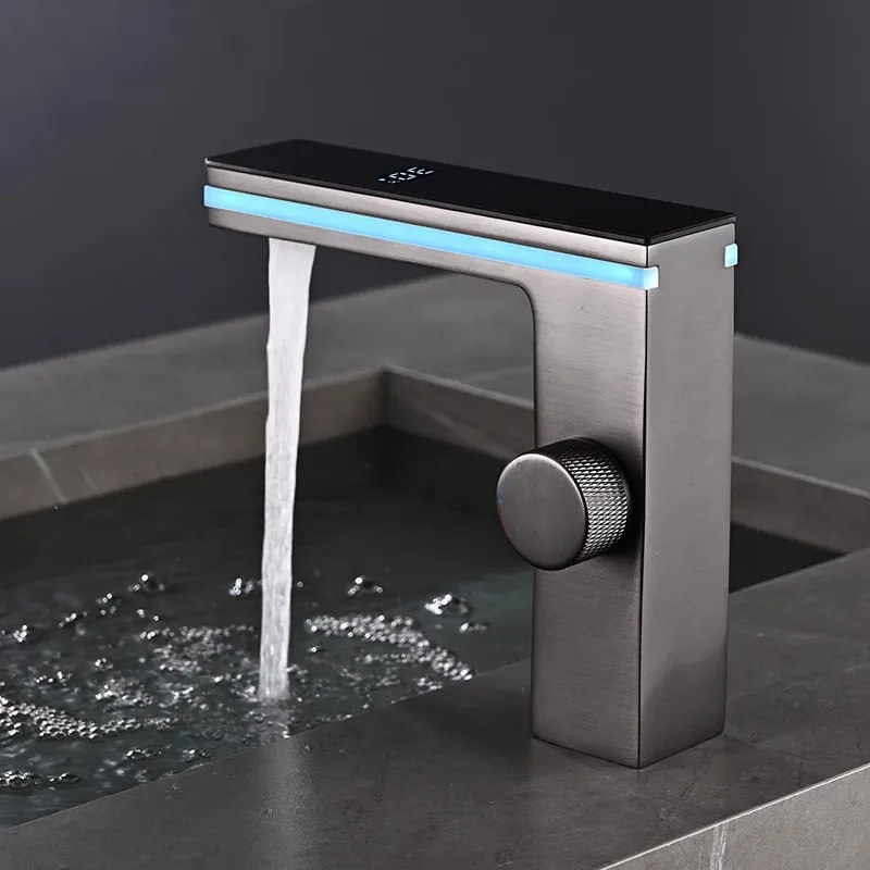 Automatic Digital Display Brass Basin Faucet Classic Design Deck Mounted Laundry Hot Cold Water Copper Sink Faucet Brushed
