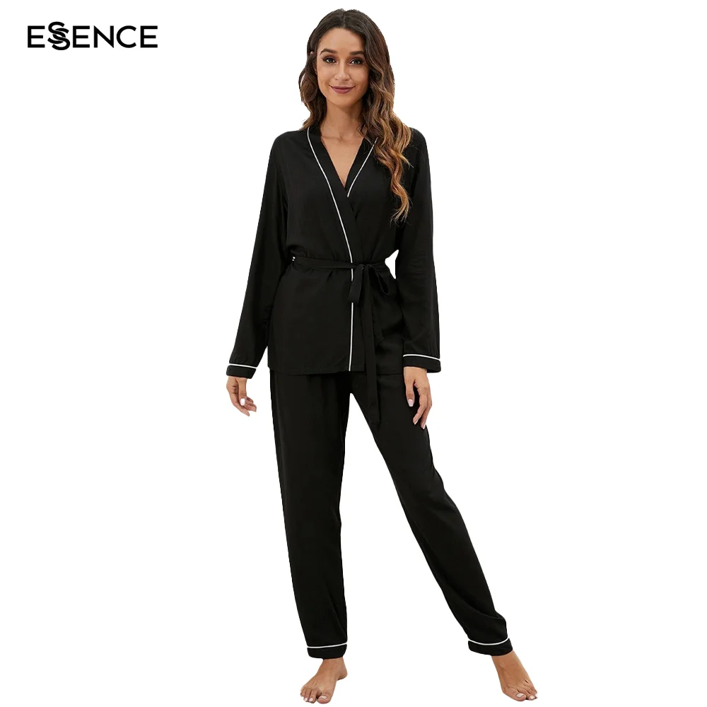 Wholesale Costom Long Piping Bamboo Cotton Robes Women Solid Color Bathrobe Robe Femme with Lounge Pants
