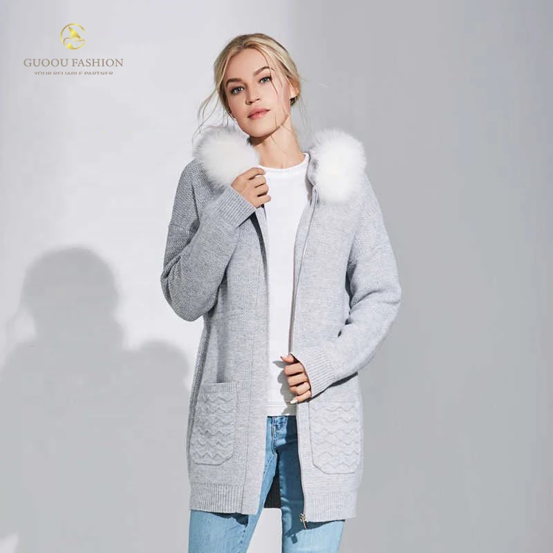 New knitted hooded plush fall and winter warm coat women cable and pocket design knitted cardigan