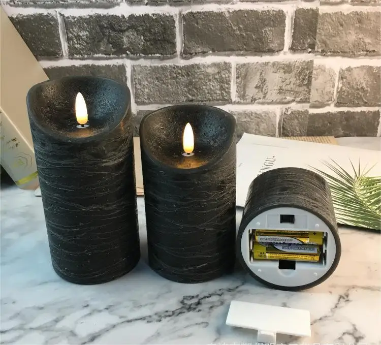 Electric Wickless Pillar Battery Operated Flickering Timer Set of 3 Realistic Flameless Black LED Candles with Remote Control