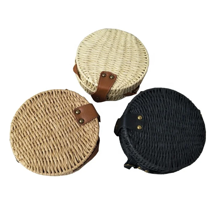 Niyang bag factory handmade paper straw classic design long pu strap cross body shoulder bag small size beige round straw bag